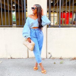 Balloon sleeve off shoulder blue jean crop top